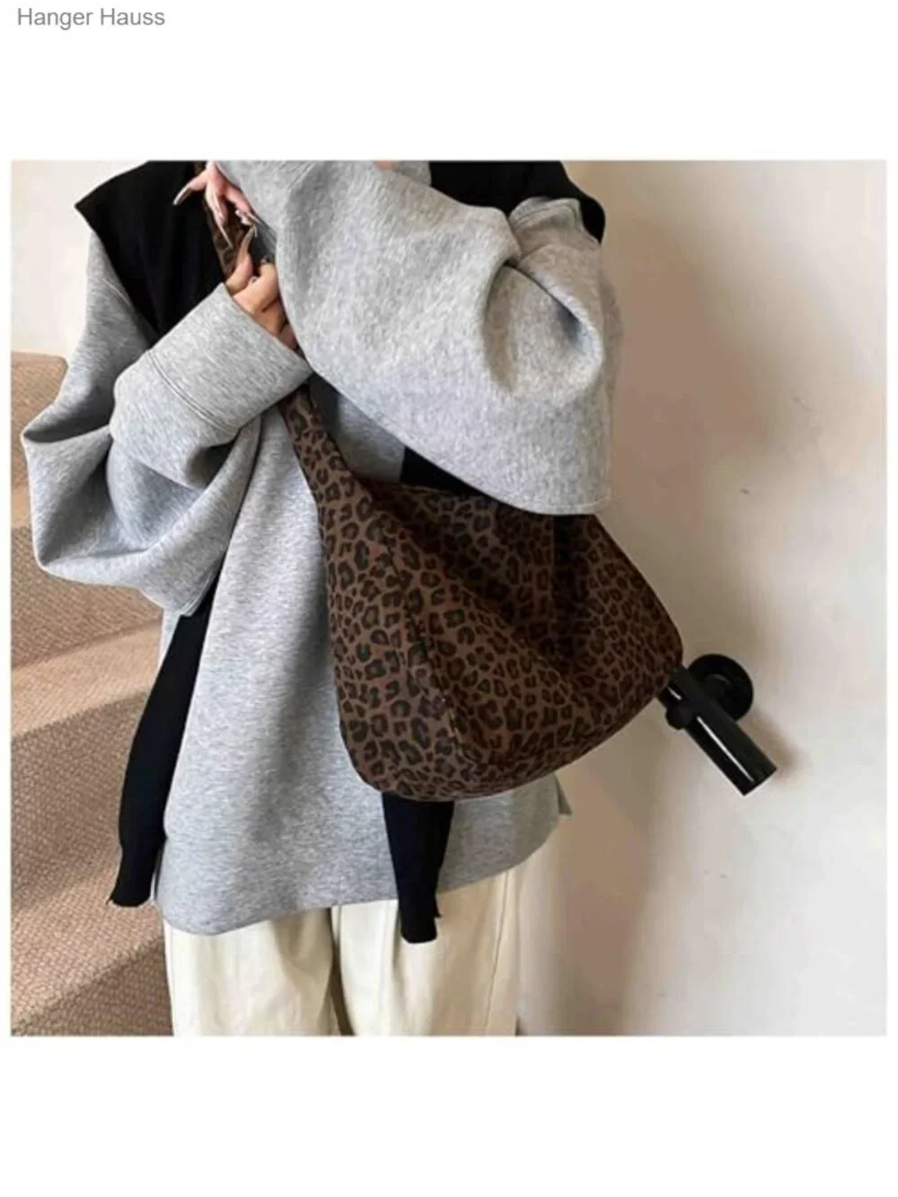 Canvas Leopard Print Hobo Shoulder Bag Tote with Adjustable Zipper
